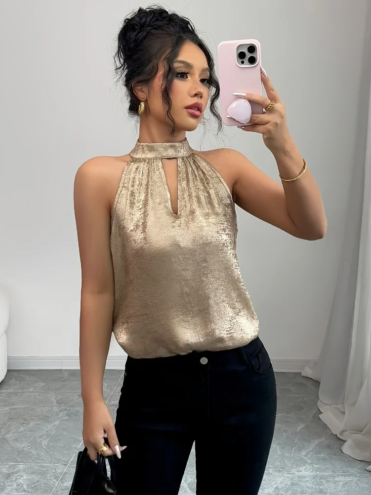 Champagne Golden Shiny Glossy Halter Neck Off Shoulder Hollow Out Sleeveless Blouse Womens Sexy Elegant Spring Summer Top