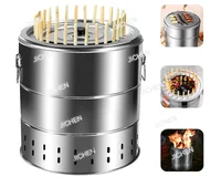 Smokeless Barbecue Charcoal Barrel Grill Stainless Steel Surround Charcoal Kebab Grill with 28 Skewers BBQ Grill Cooking Grate