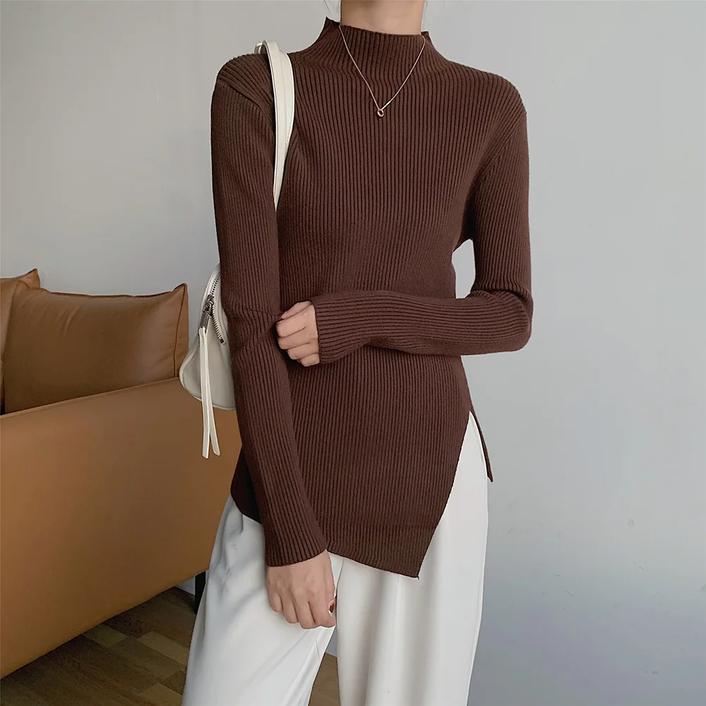 Croysier Sweaters 2021 Fall Winter Women Fashion Asymmetric Hem Mock Neck Long Sleeve Top Ribbed Knitted Pullover Sweater Jumper pink sweater