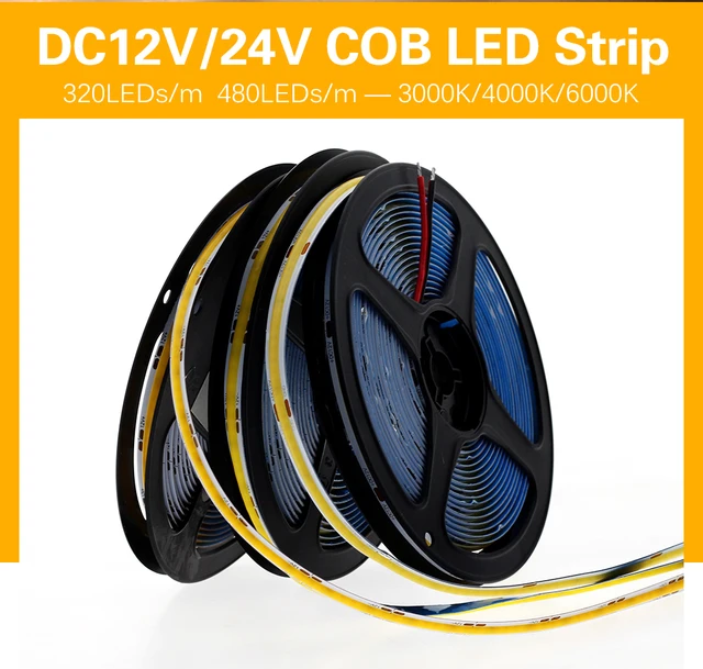 5m Dc12v 24v Cob Led Strip 3000k 4000k 6000k Tape Flexible Cuttable Light  With Double-side Tape For Home Decoration 320leds/m - Led Strip - AliExpress