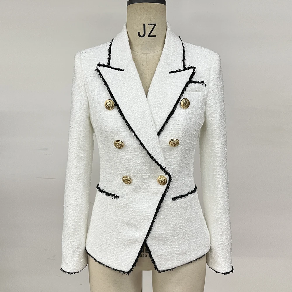 Women's white wool jacket, with tassels and metal double buttons, high
