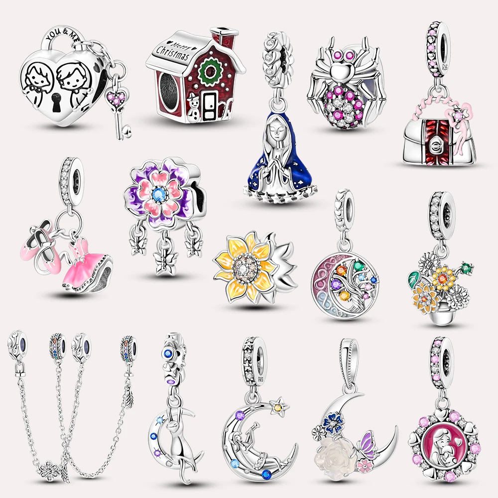 

Original Jewelry 925 Sterling Silver Star Moon Sunflower Cats Bead Pendant Safety Chain Fit Pandora Bracelet DIY Accessories