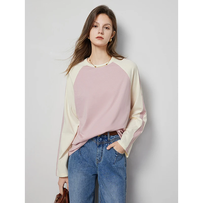 TOYOUTH Women Tees 2024 Spring Long Sleeve O Neck Contrast Raglan Sleeves T-shirt 3 Color Antimicrobial Fabric Soft Tops