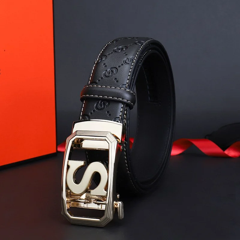 2023 New Hot Selling Stainless Steel Belt, Cowhide Men's Automatic Buckle S Letter Gold Buckle Belt with Printed Leather Pattern Belt for Men_voghion.com