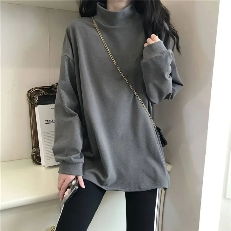 Women's Autumn Winter Fashionable Elegant High Neck Pullover Long Sleeved Solid Color Bottom Shirt Casual Versatile Youth Tops