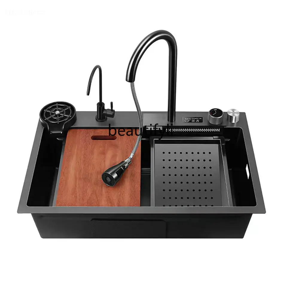 

zq Waterfall Sink Kitchen Stainless Steel Topmount Sink Large Single Slot Wash Basin With Multifunction Touch Waterfall Faucet