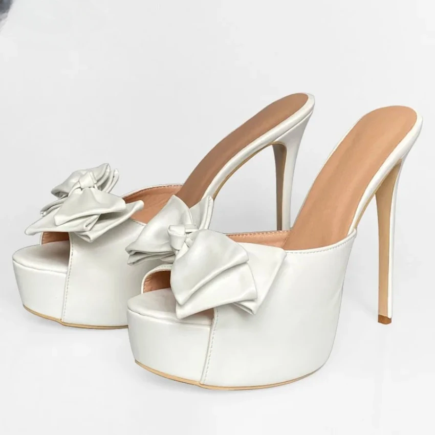 

2024 Handwork Women Mules Sandals Butterfly Knot Sexy Stiletto Heels Peep Toe Pretty White Party Shoes US Plus Size 5-20