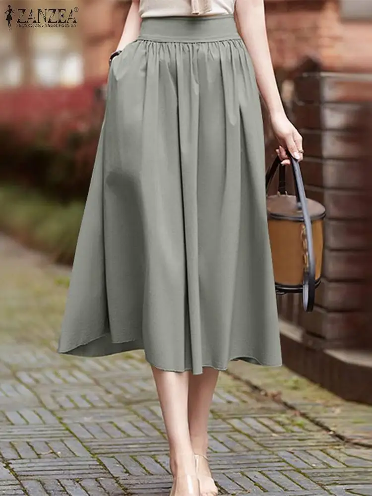 

ZANZEA Женская длинная юбка с высокой талией 2024 летняя Корейская тонкая свободная длинная юбка с карманами ТРАПЕЦИЕВИДНОЕ ПЛАТЬЕ модные повседневные свободные юбки