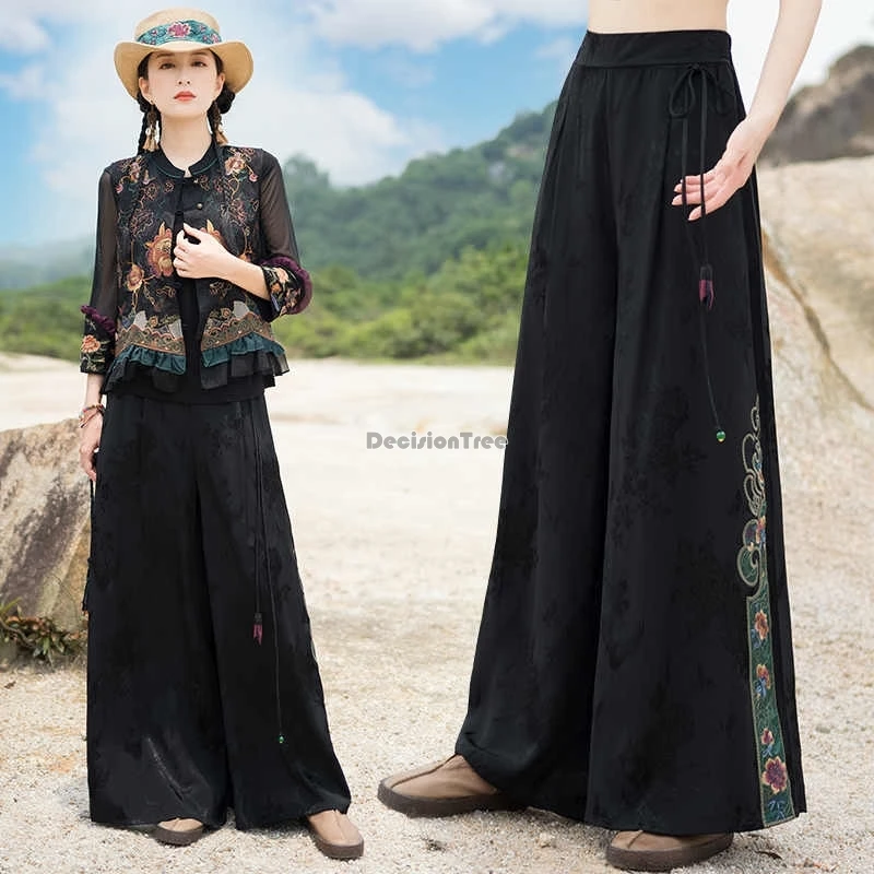 chinese ethnic style satin embroidered elastic waist casual long pants fashion retro style women loose wide leg pants t001