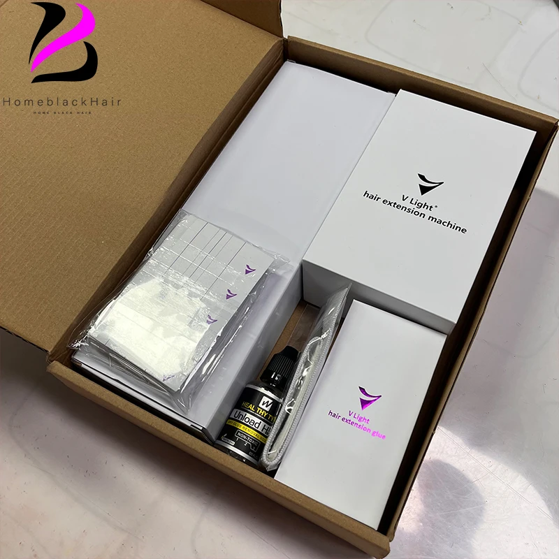 V-Light 기술 헤어 익스텐션 기계, V 라이트 헤어 익스텐션 접착제 포함, 흰색 헤어 익스텐션 도구 키트 세트, 20 분 마무리