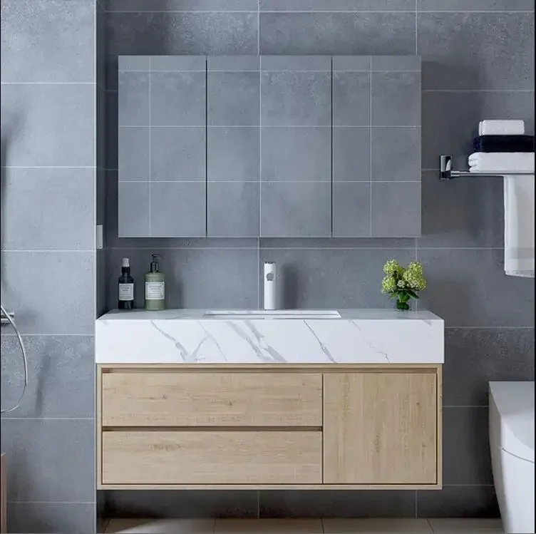 European Antique Bathroom Vanity Cabinets Set With Marble Countertop And Led Mirror Storage Cabinet