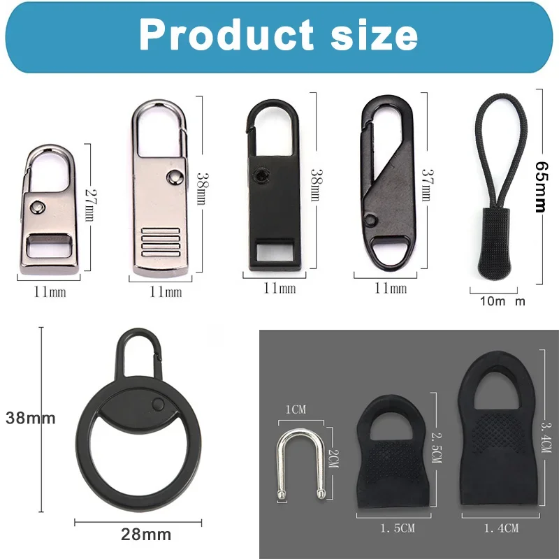 5Pcs Zipper Slider Puller Replacement Zipper Pull End Fit Rope Tag Repair Kit Clothing Zip Fixer Broken Buckle for Bag Clothing