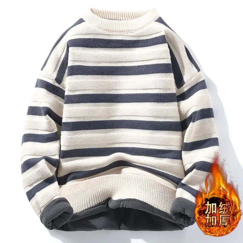 

Add Fleece Thick Striped Sweater Men's New Autumn and Winter Crew-neck Bottom Knit Men's Adolescent Student Thread Coat 2023