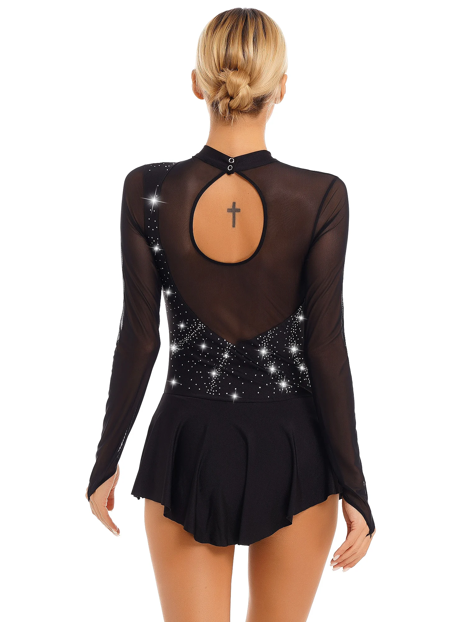 Womens Rhinestone Figure Ice Skating Dress Gymnastics Leotard Dress Long Sleeve Mesh Splice Competition Dance Costume