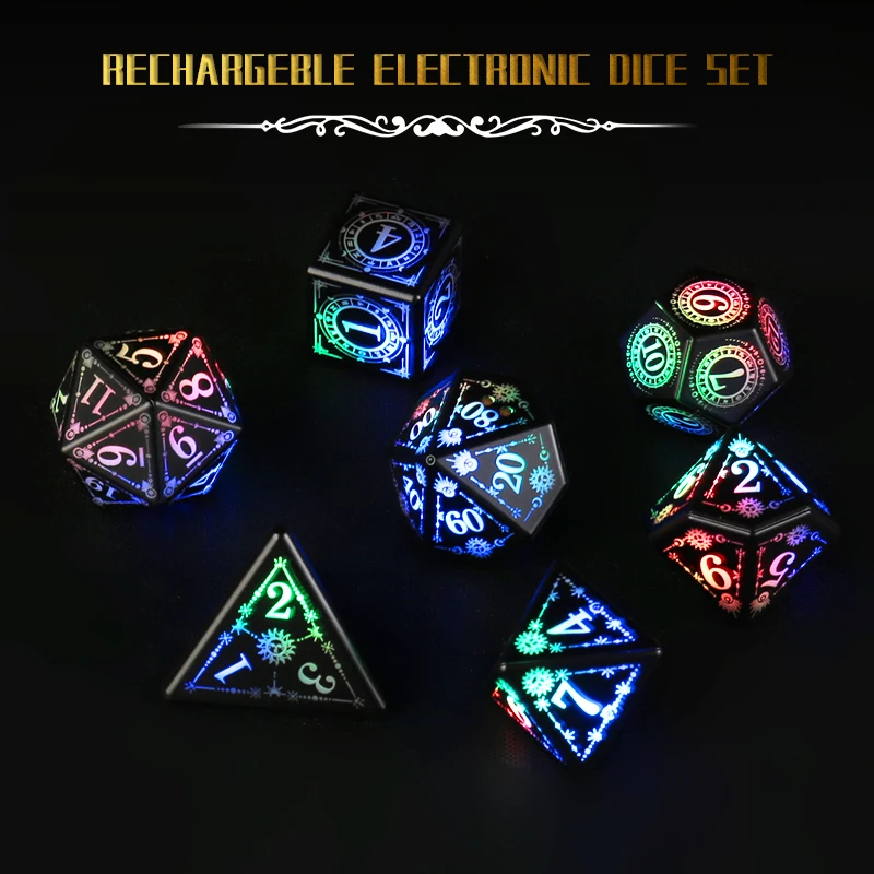 DND LED 주사위 충전식(충전 케이스 포함), 7개 세트 발광 주사위, 테이블탑 게임 RPG 던전 앤 드래곤 주사위, 크리스마스 선물