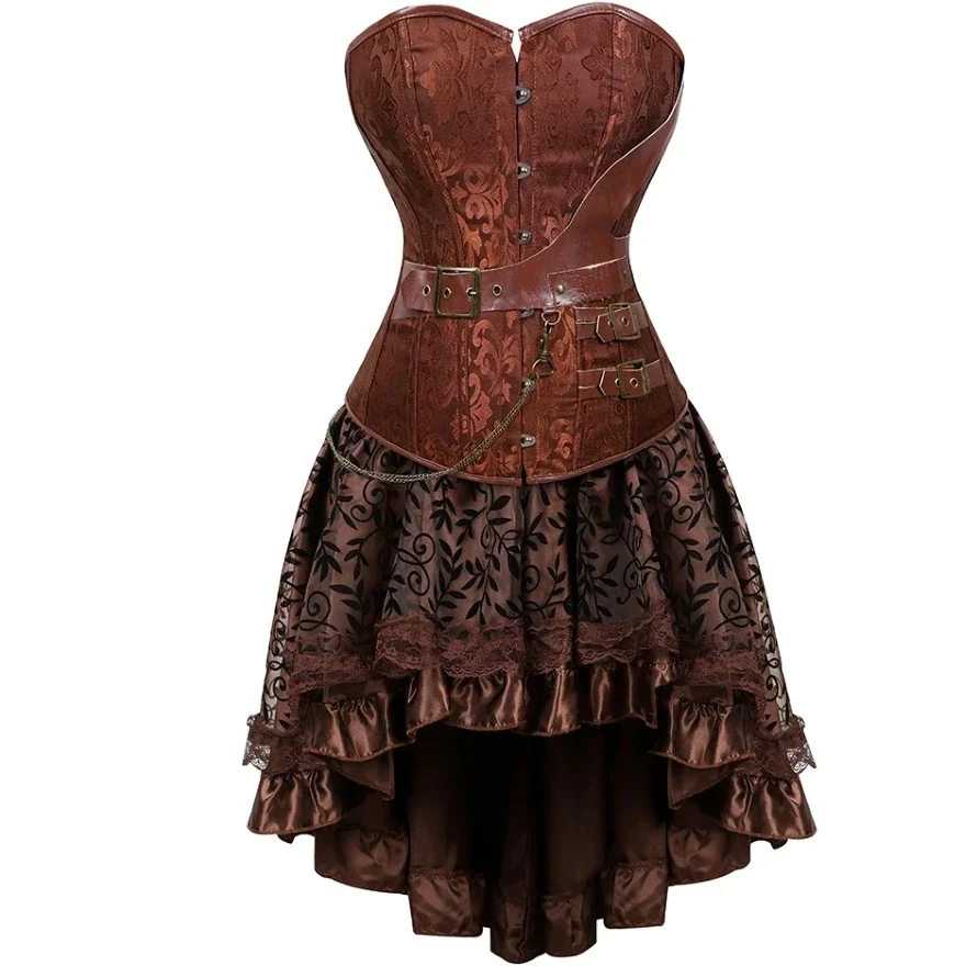 Steampunk Corset Dress Burlesque Overbust Bustier Corselet with Floral Lace Skirt Set Gothic Pirate Costumes for Women Plus Size corset bustier top waist corset lace lingerie lace corset lace lingerie set