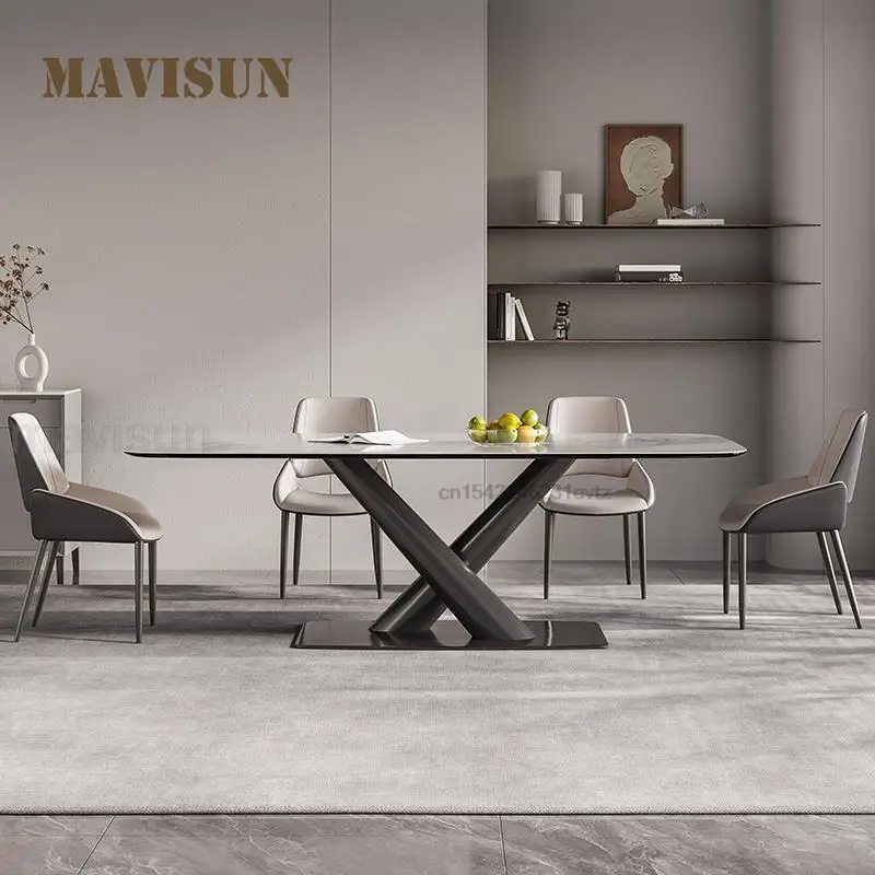 Italian Rock Slab Kitchen Table Black Carbon Steel Frame Six Seats Chair  Combination White Minimalist Rectangle Dining Furniture