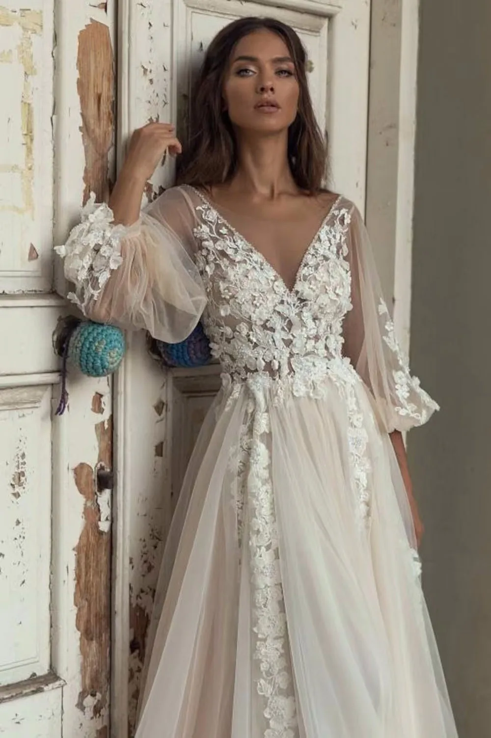 Lace A-Line Beach Wedding Dress | Puffy Sleeves