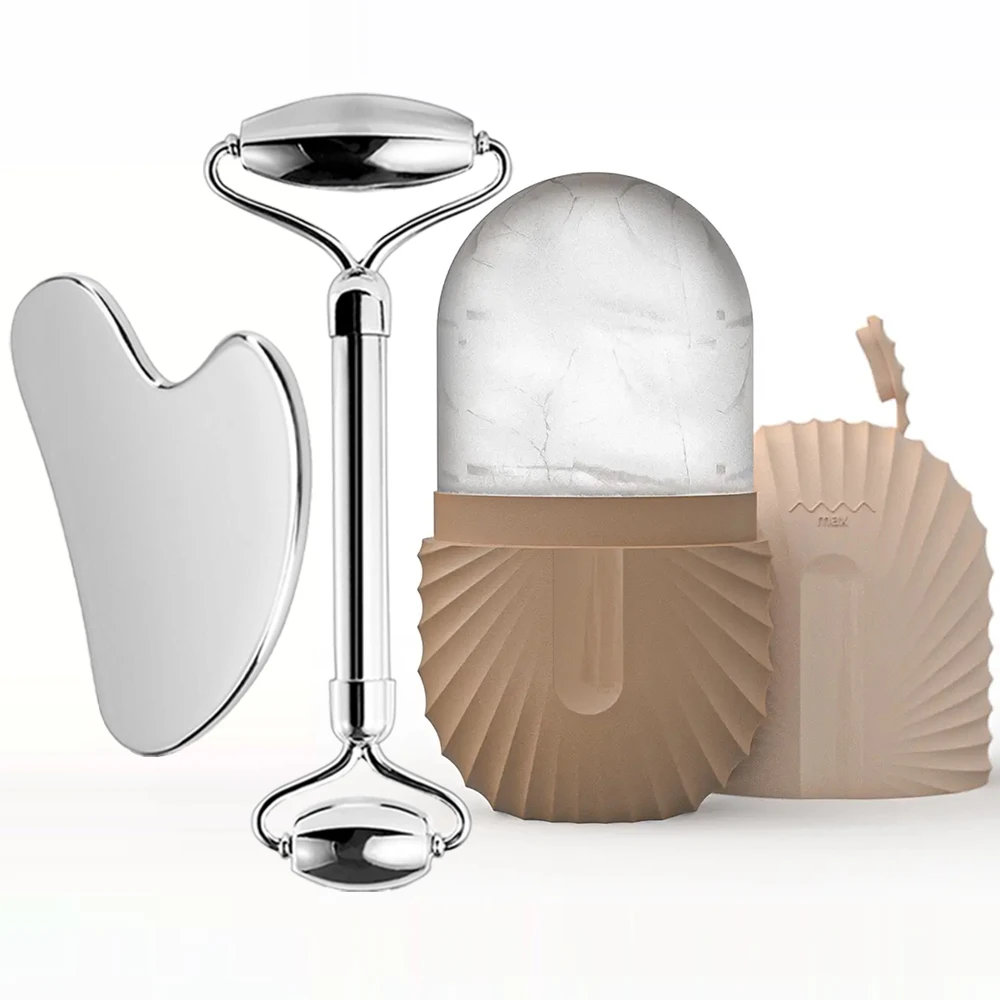 Enhanced Facial Skincare Ice Roller and Gua Sha Set with Stainless Steel Massage Tools