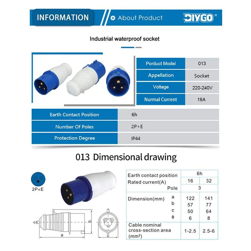 DIY GO 16A 3Pin 220-240V IP44 방수 플러그 및 소켓 전력 산업용 남성 및 여성용 전기 케이블 커넥터