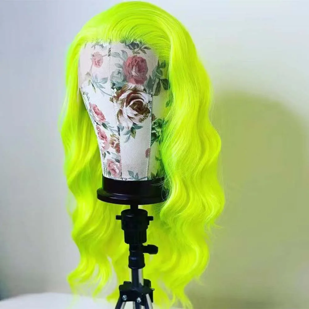 

FANXITION Fluorescent Green Synthetic Lace Front Wigs with Free Part Natural Hairline Long Body Wave Wigs Daily Use Wigs