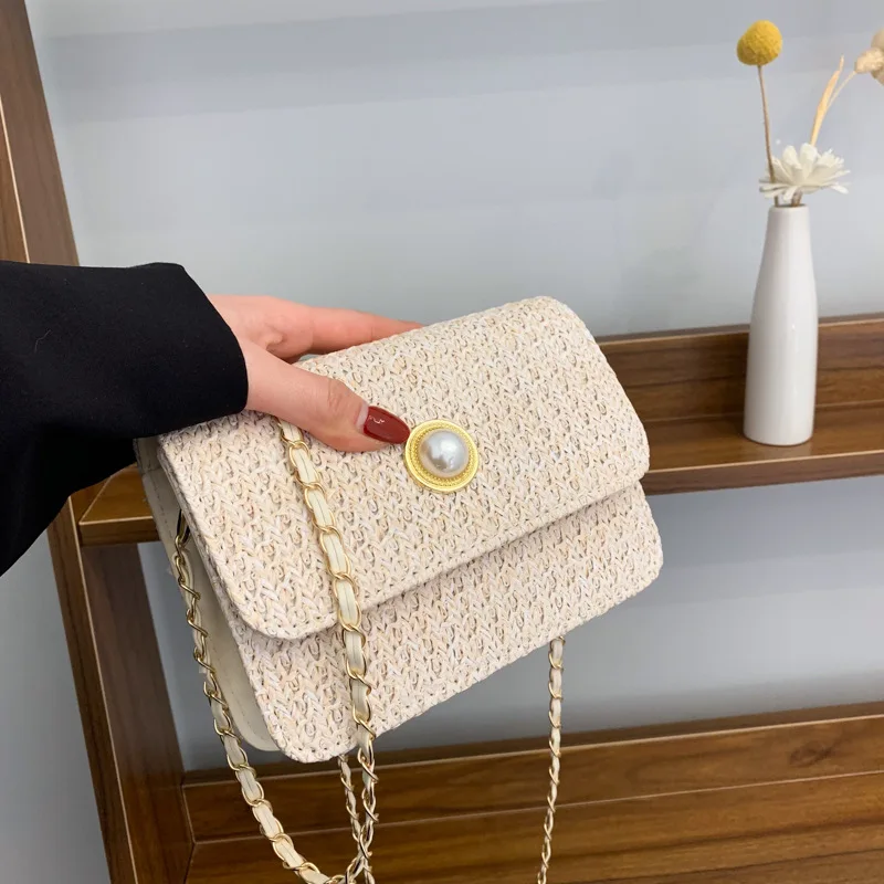 

Fashion Pearl Daisy Shoulder Crossbody Bag Straw Summer Beach Shopper Bag Ladies Handmade Woven Brand Designer Handbag for Girls