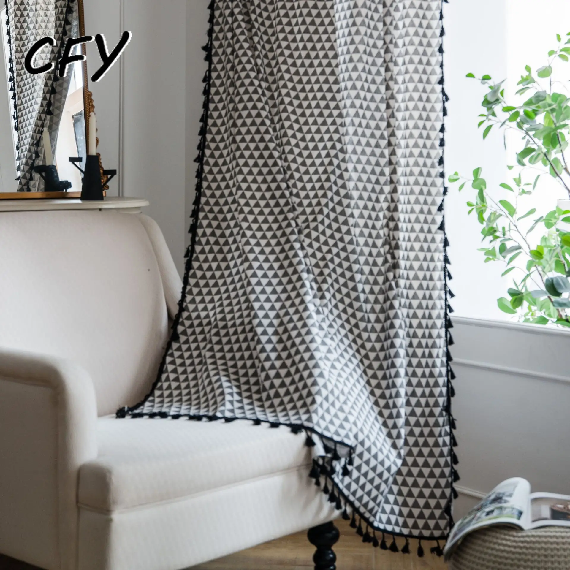 

Cotton Linen Gray Triangle Curtain Thick Blackout Black Tassel Curtains for Living Room American Vintage Drape Kitchen Valance