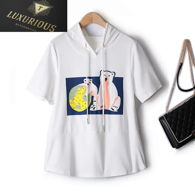 

Stranger Things Cute Cartoon Oversized Women's T-shirt Summer 2024 Hooded Beaded Stitching Stretch Short Sleeve Woman Clothes