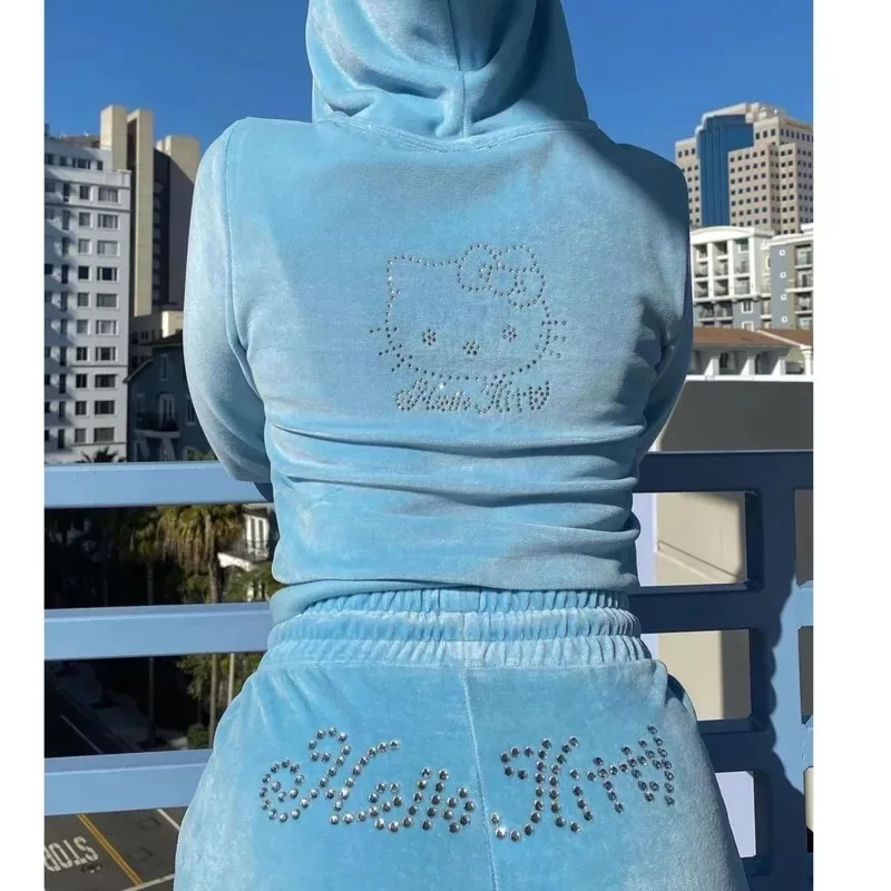 

Sanrio Hello Kitty Kawaii Women Velvet Sweater Set Anime Cartoon Sexy Zipper Sweatpants Two Piece Hoodie Holiday Gifts for Girls
