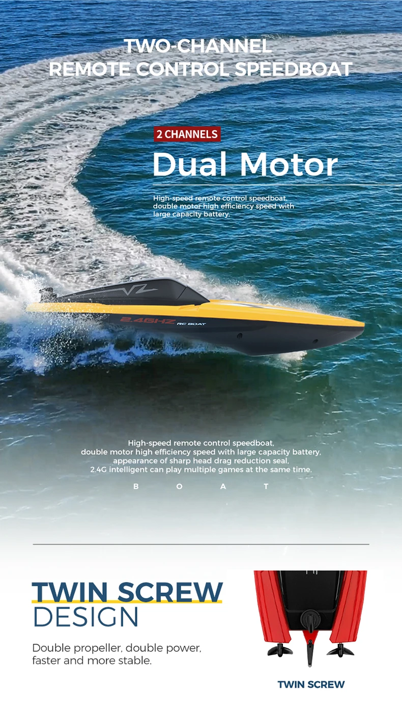 Hochgeschwindigkeits-RC-Rennboot mit zwei Motoren und stromlinienförmigem Design.