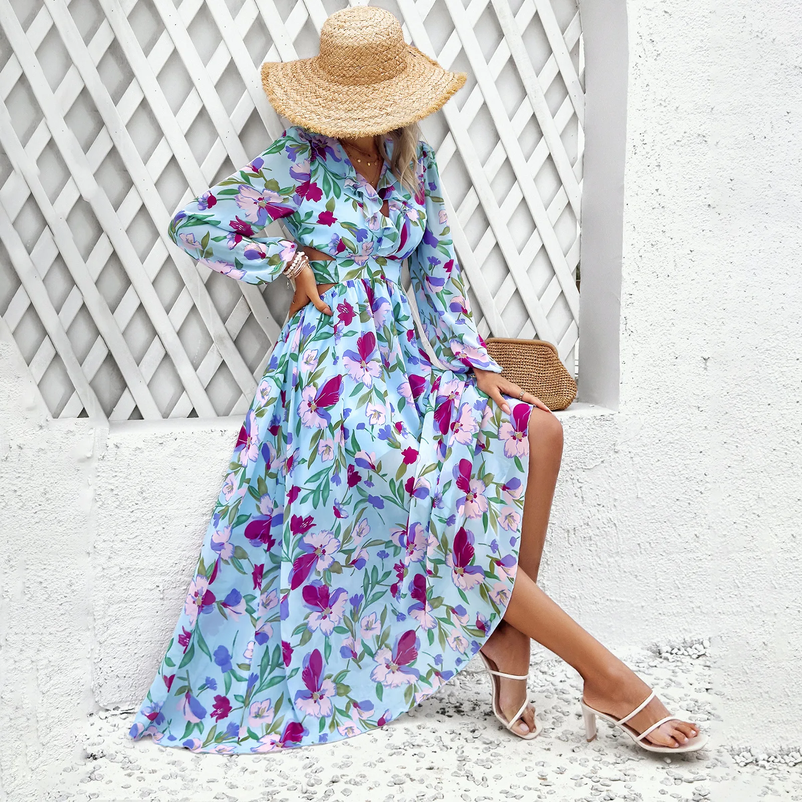 High Quality Women's Clothing 2024 Spring Summer Vacation Casual Print V-neck Dress Elegant Retro Backless Dress Vintage Sexy