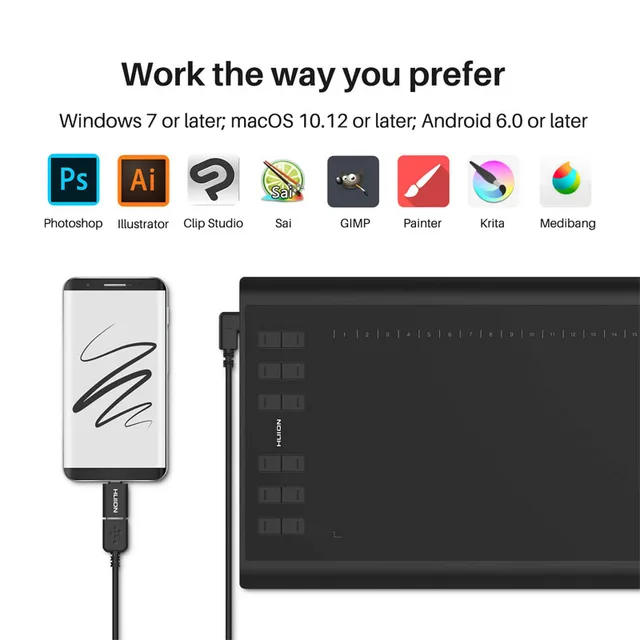 HUION Inspiroy H1060P Graphics Drawing Tablet with 8192 Pressure Sensitivity Battery-Free Stylus and 12 Customized Hot Keys, 10 5