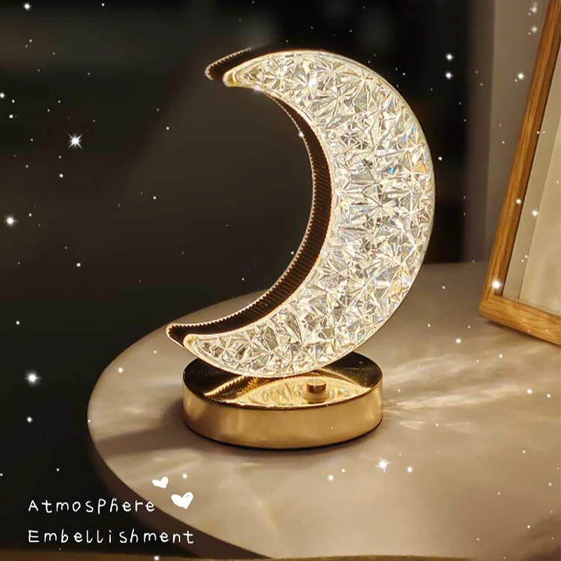 

Bedroom Crystal Touch Dimming Night Light Girls Room Home Decor Aesthetics USB Bedside LED Ambient Table 3d Moon Lamp