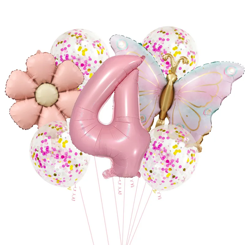 9-teiliges mattes Gänseblümchen-Rosa-Schmetterlings-Konfetti-Luftballons-Set, Latex-Dekoration für Geburtstagsfeier, Karnevalsveranstaltung, Kindertag – Detail 6