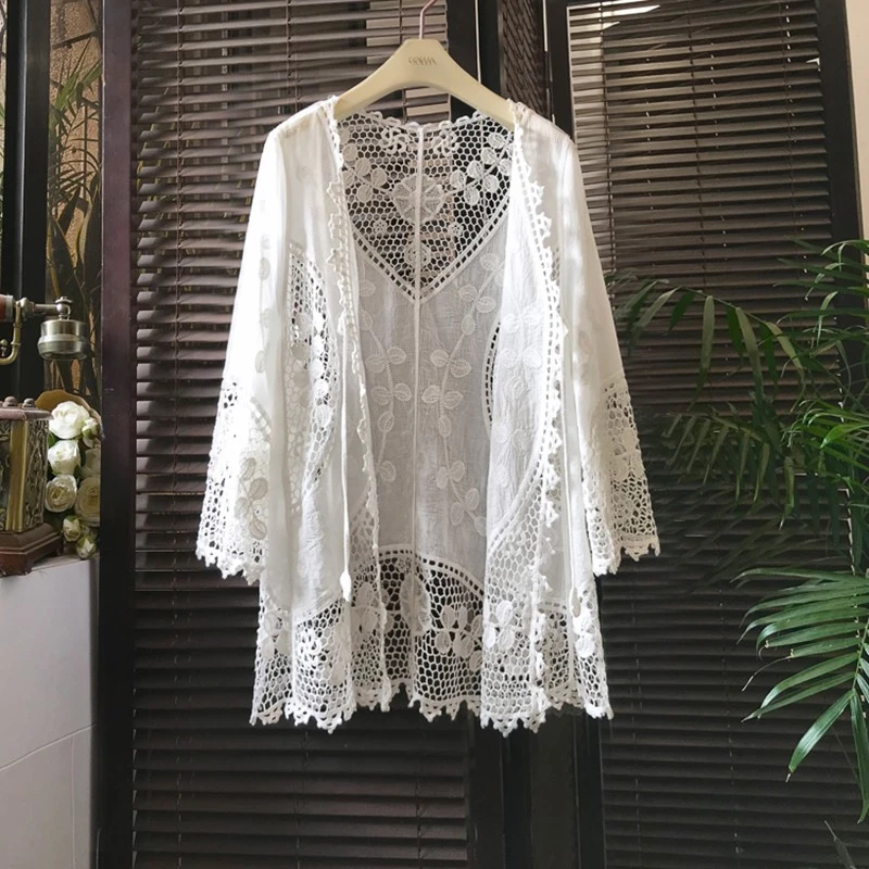 Women's Summer Swimsuit Cover Up Lace Cardigan Sunscreen Blouse Embroidery Shawl Perspective Beach Jacket White Vacation beach maxi dress with sleeves