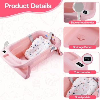 Baby Bathtub,Baby Bath Tub with Soft Cushion & Thermometer,Baby Bathtub Newborn to Toddler 0-36 Months,Portable Travel Baby Tub 2