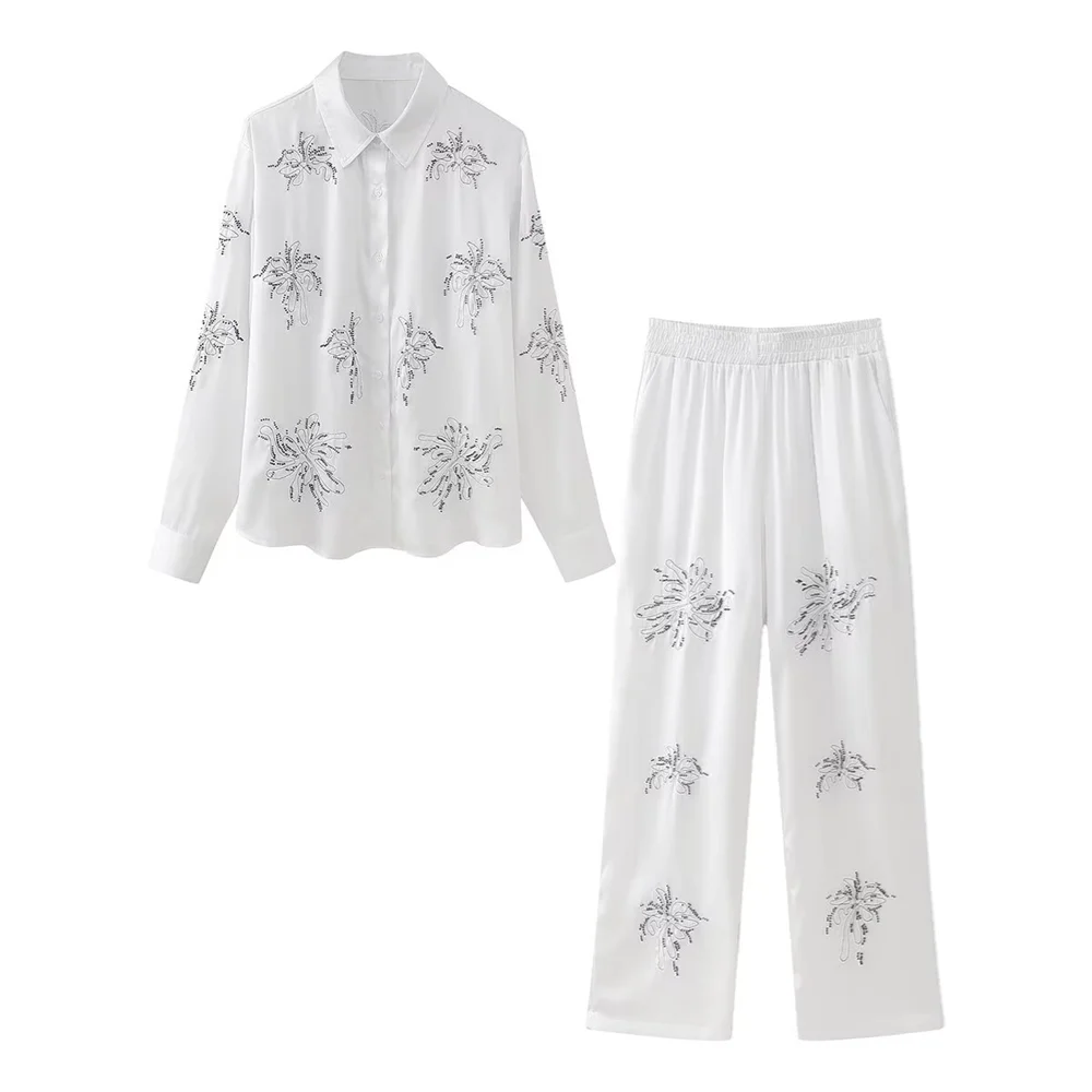 PB&ZA 2024 Spring New Women's Style Casual Loose and Versatile Beaded Decoration Embroidered Shirt Straight Leg Pants Set