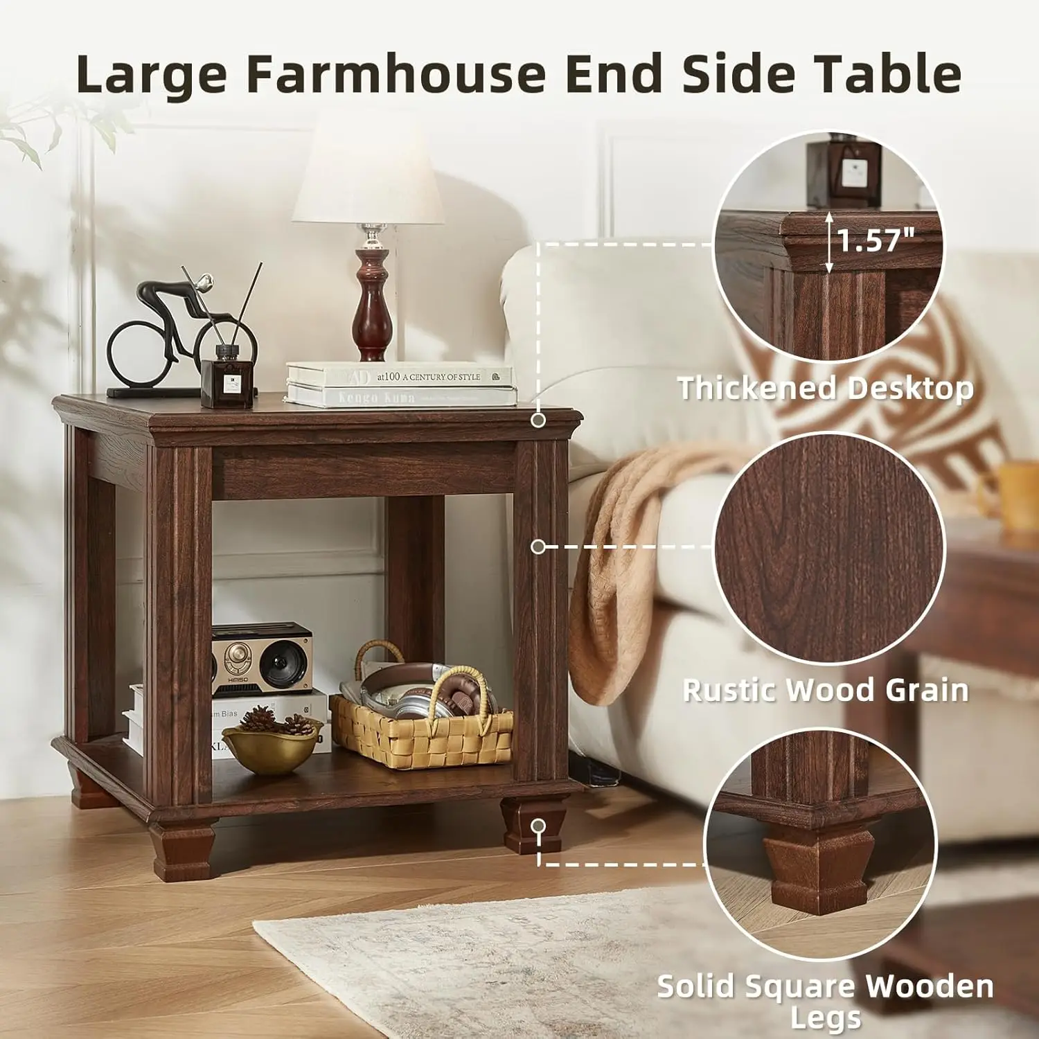 Farmhouse End Table,Large Side Table with 2-Tier Storage Shelf,Rustic Brown End Tables