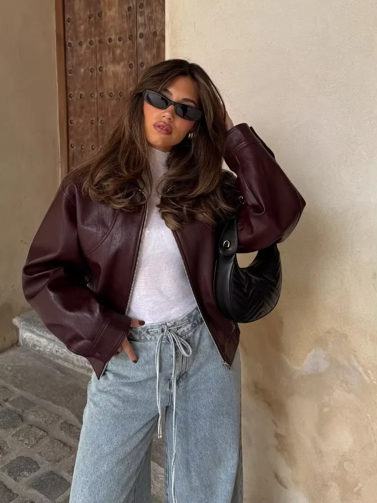 Pu Leather Women's Jaqueta Chic Lapel Long Sleeves Cropped Zipper Jackets 2024 New Female Autumn Short Coat Fashion Outerwears 5