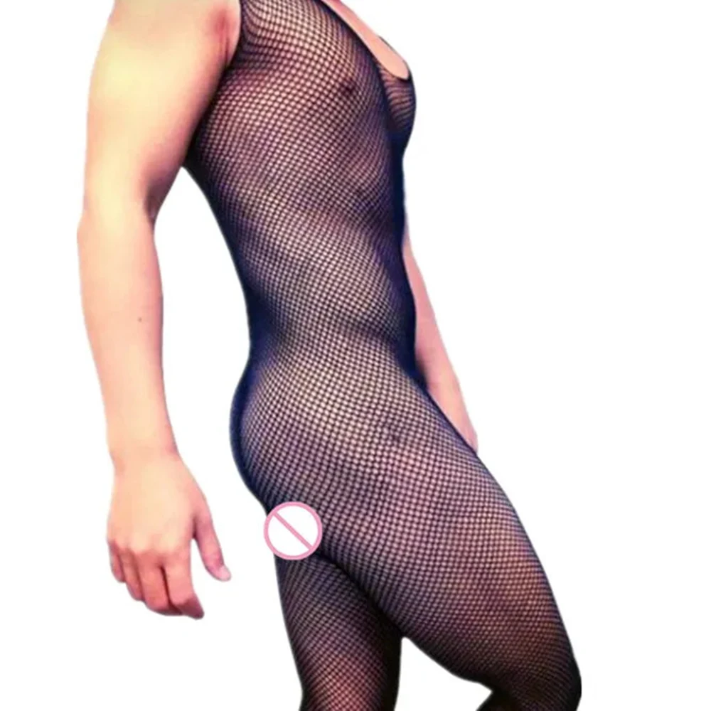 Bodystocking Men Bodysuit Mesh Erotic Underwear Sexy Hollow Sleeveless Transparent One-piece Performance Gay Costumes men underwear sexy lingerie