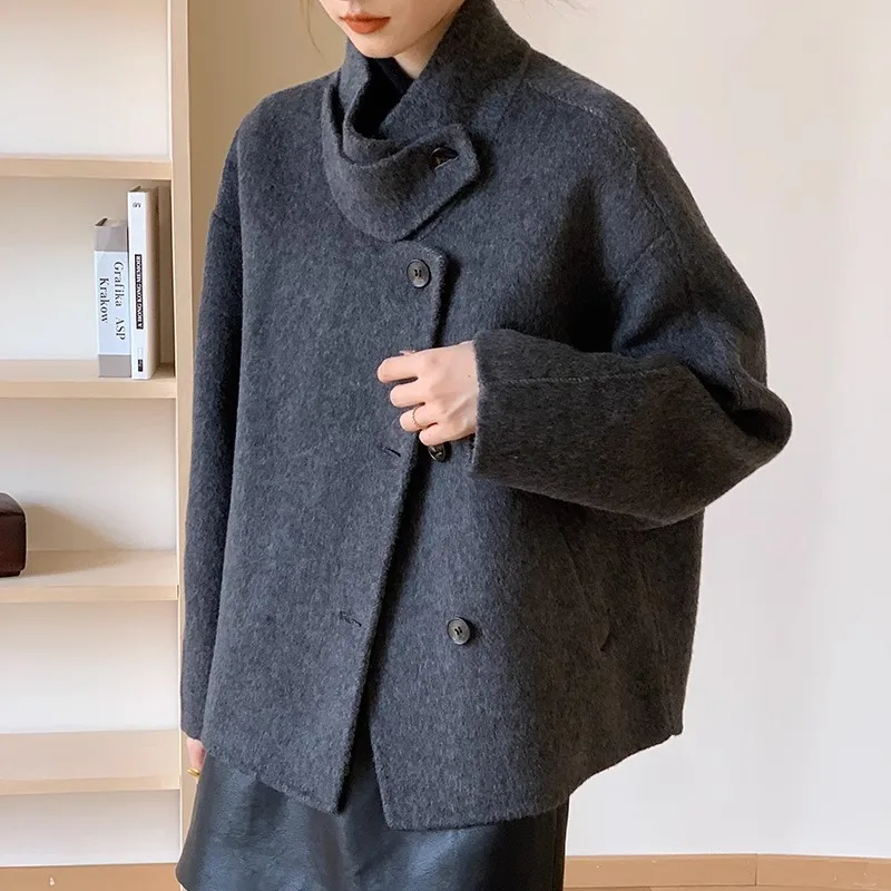 Fashion Commuter Style Solid Color Long Sleeve Stand Collar Women's Coat 2023 Autumn Winter Korean Single Breasted Woolen Coat