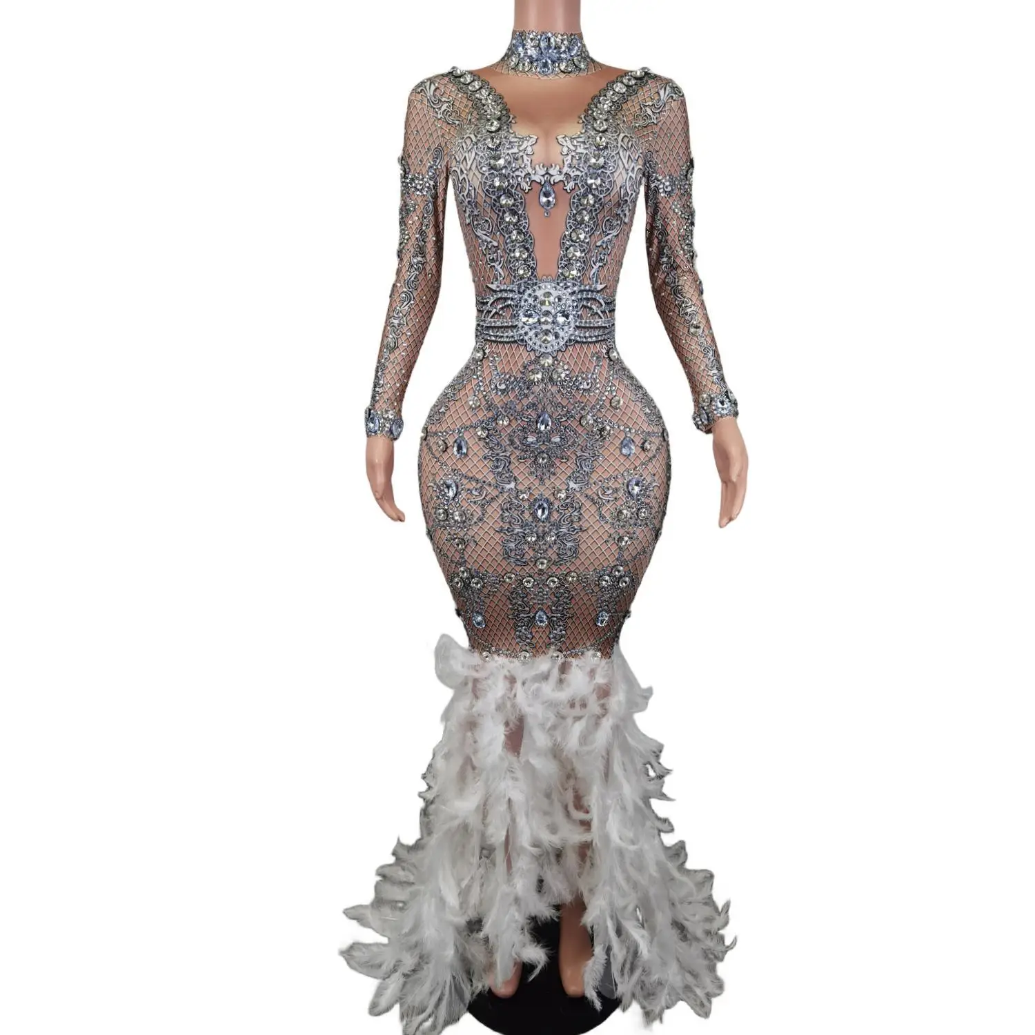 

Sexy Sparkly Rhinestone White Feather Long Train Dress Wedding Birthday Prom Gown Costume Evening Party Club Dress Yaodai