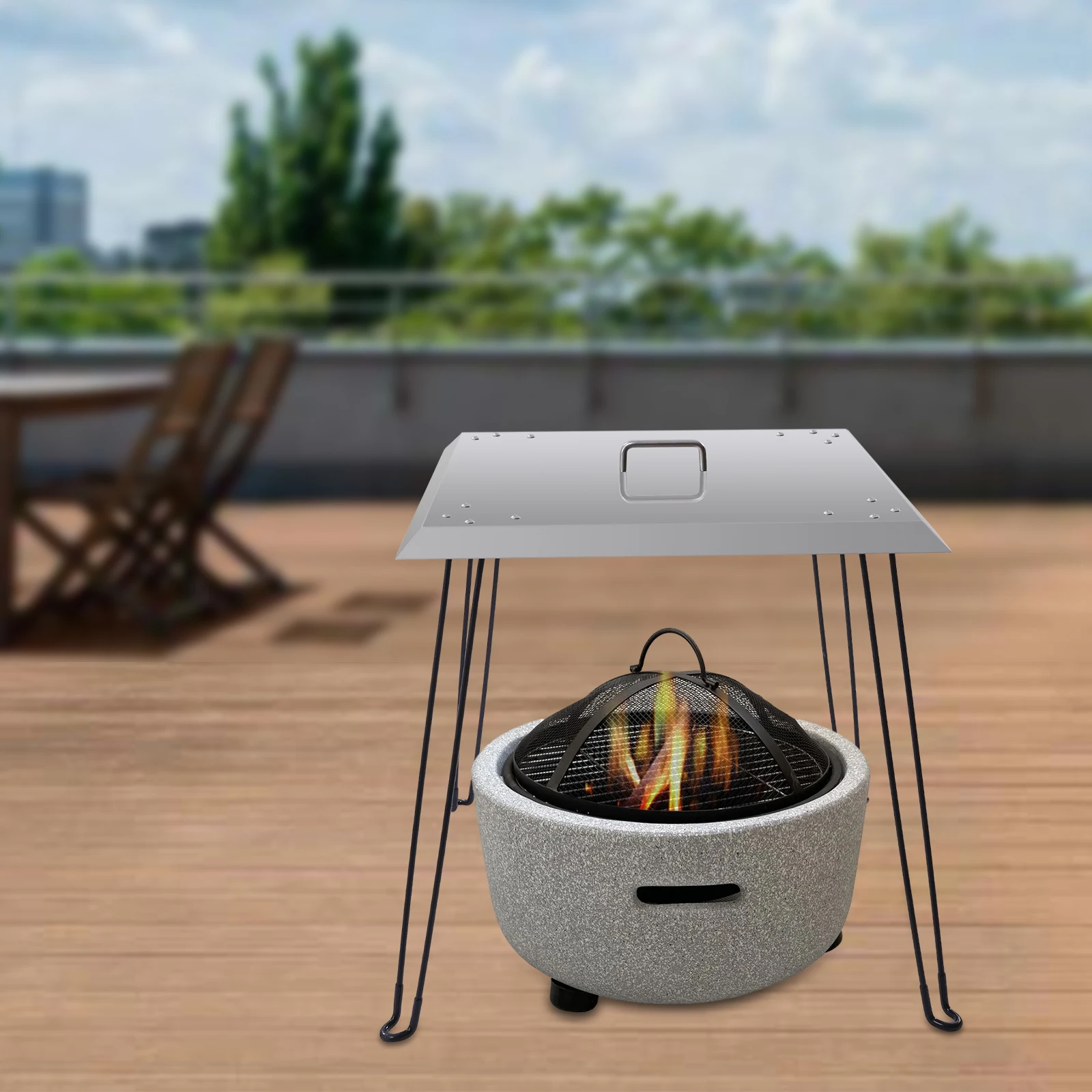 Fire Pit Heat Deflector Outdoor Stainless Steel Fire Pit Cover Square Burner Cover with 4 Foldable Legs&Carrying Handle