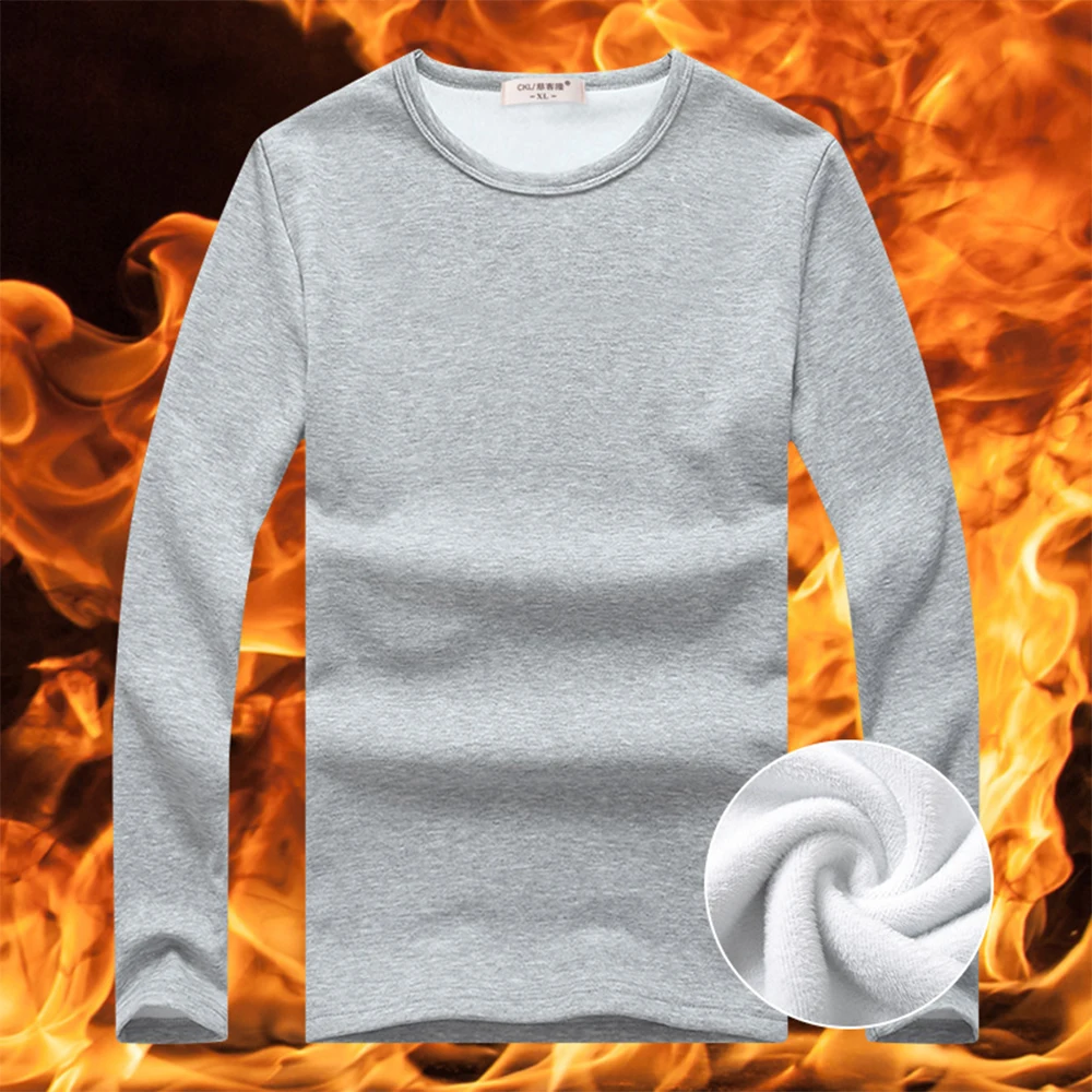 

Autumn And Winter Round Neck Warm Top Men's Solid Color Long-sleeved Pullover Plus Velvet Bottoming Shirt T-shirt