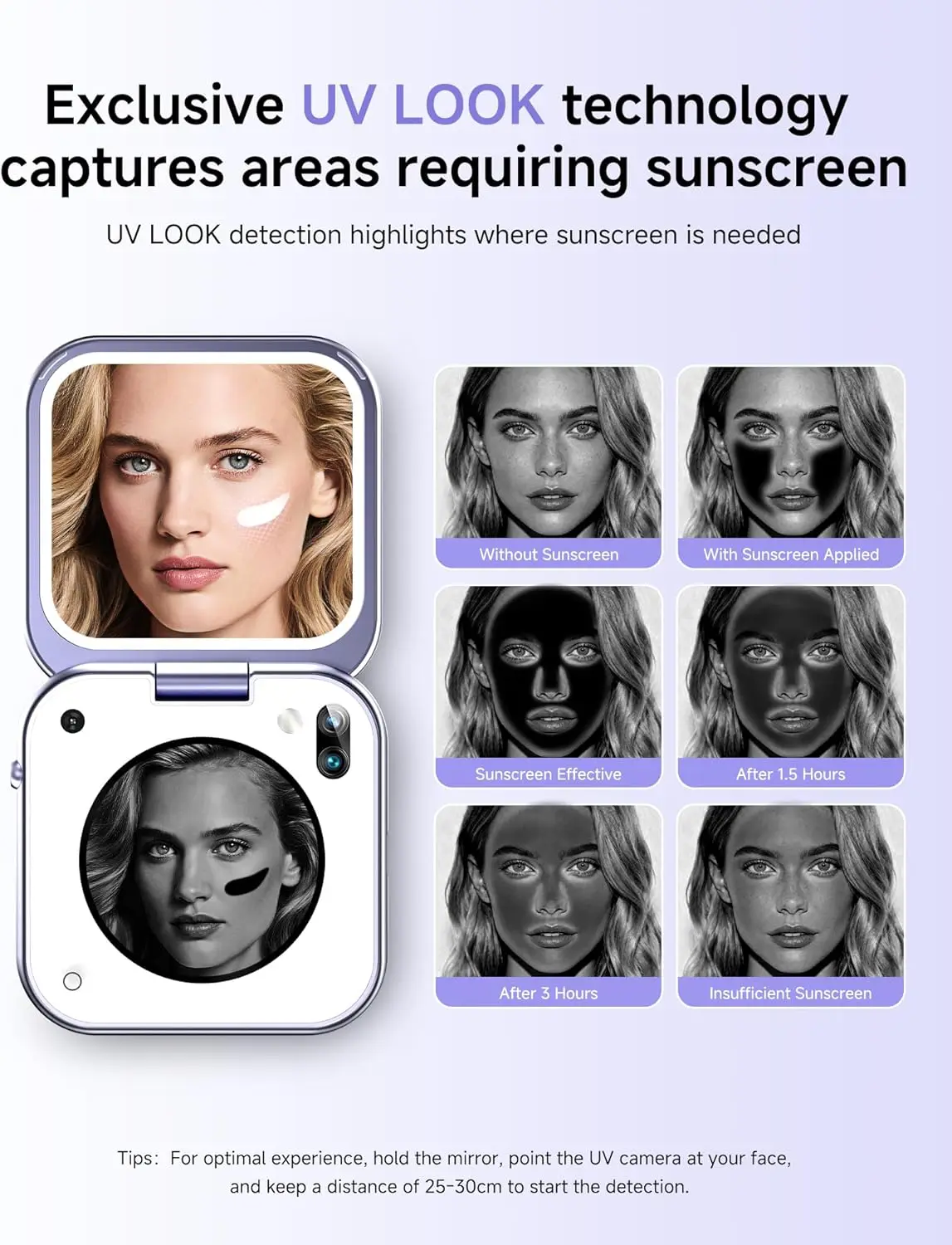 Smart UV Camera Mirror with Humidity Sensor, Portable Travel Makeup Mirror for Sunscreen Check, 3 Inch LED Lighted Compact