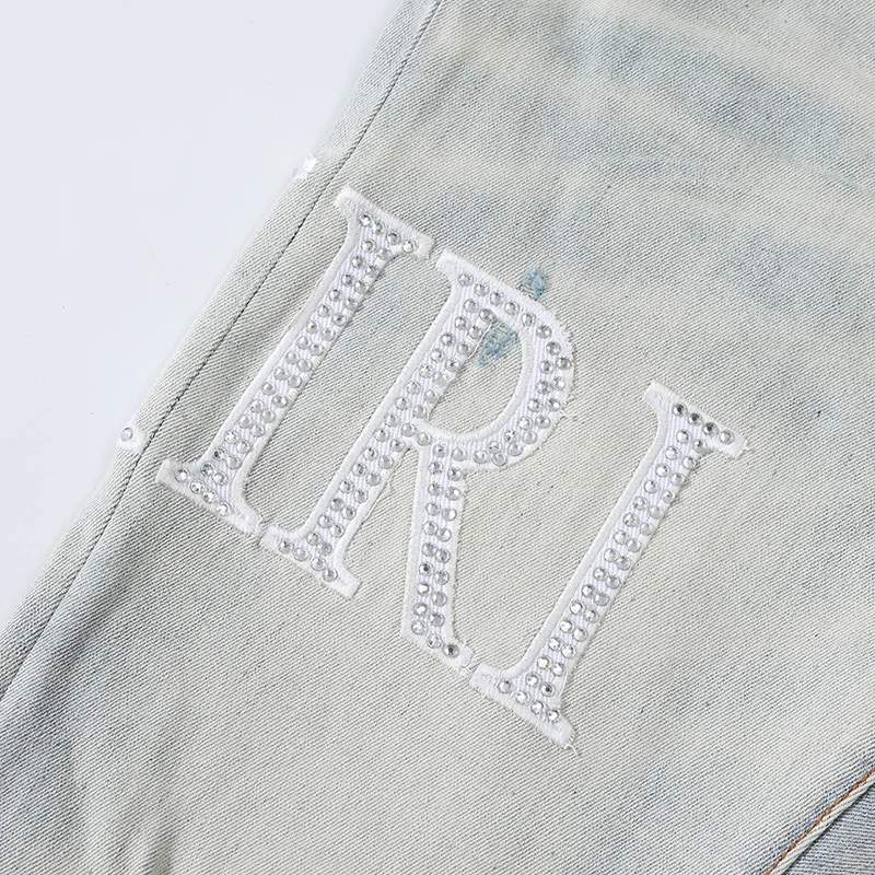 Latest Street Fashion Men's Jeans Retro Light Blue Elastic Slim Fit Split Jeans Men's Fishing Net Patch Designer Hip Hop Brand P