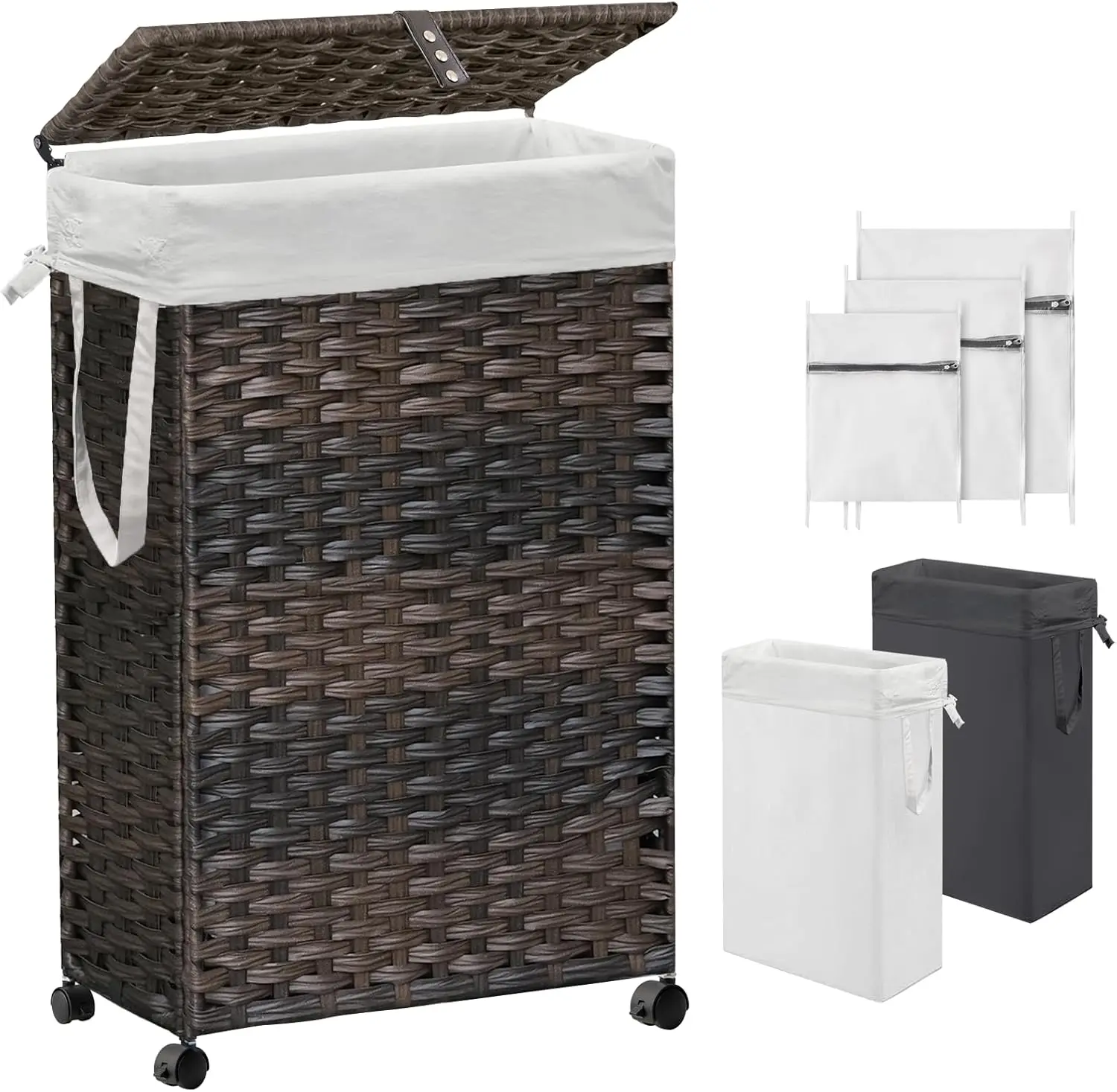 70L Slim Laundry Hamper with Lid & Wheels Rolling Laundry Basket with 2 Removable Liner Bags & 3 Mesh Bags Narrow Dirty Clothes