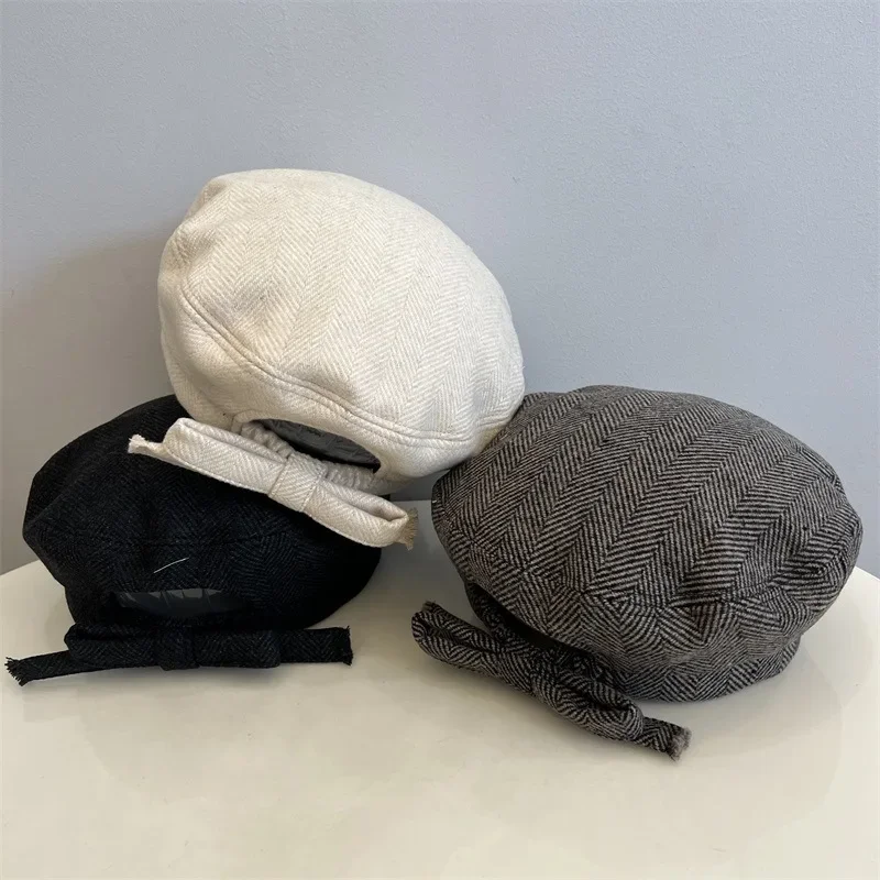 

High-grade Wool Blended Herringbone Woolen Berets Caps for Women Autumn and Winter Japanese Literary and Retro Men's Hats