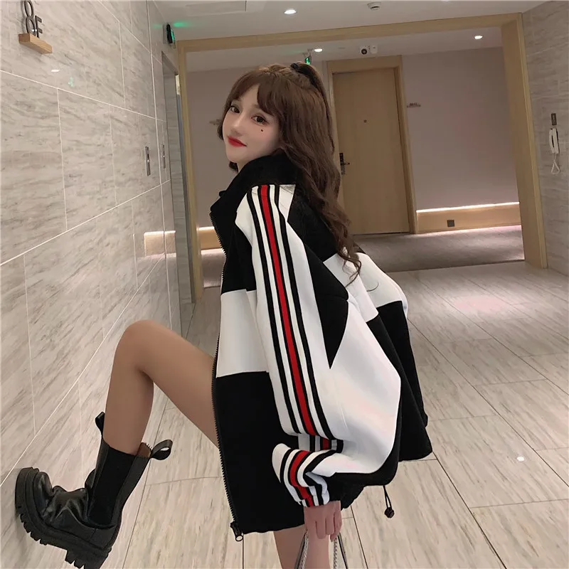 Zip Up Hoodie for Women Contrast Color Student Jackets Tops Raglan Sleeve Sweatshirt with Pocket Plus Velvet Hoodies Coats Loose