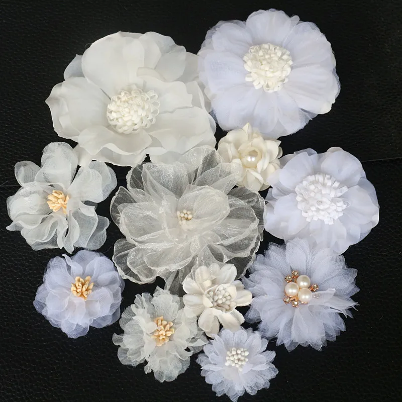 10 Teile/los Weiß Serie Kamelie Rose Chiffon Stoff Künstliche Blume Kopf Für Hochzeit Kleid Kleidung Dekoration Kopfschmuck